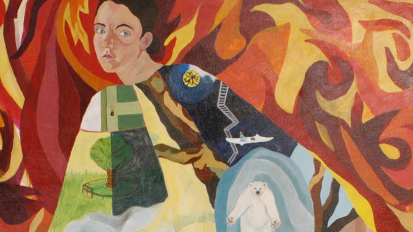 A mural painted by a Naropa alumnx depicting a person wearing a multicolored coat that depicts scenes of nature. The background shows red, orange and yellow flames.