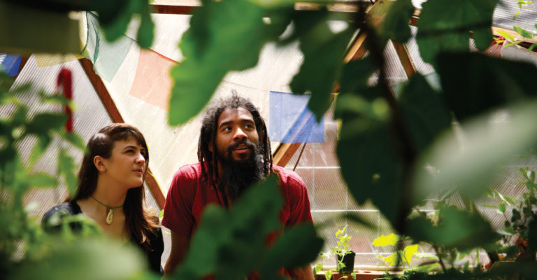 Man and woman framed by the bright green leaves of a tree, sitting on a stoop with plants and other ecologically sustainable materials in the background.