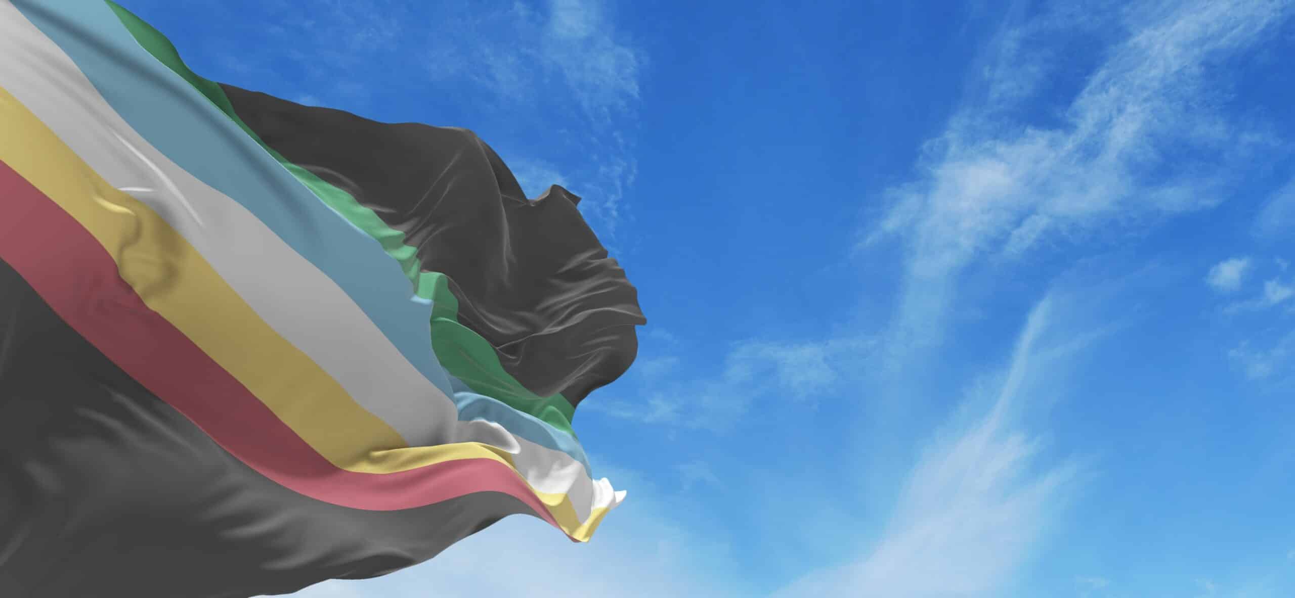 official flag of Visually Safe Disability Pride at cloudy sky background on sunset, panoramic view. copy space for wide banner. 3d illustration