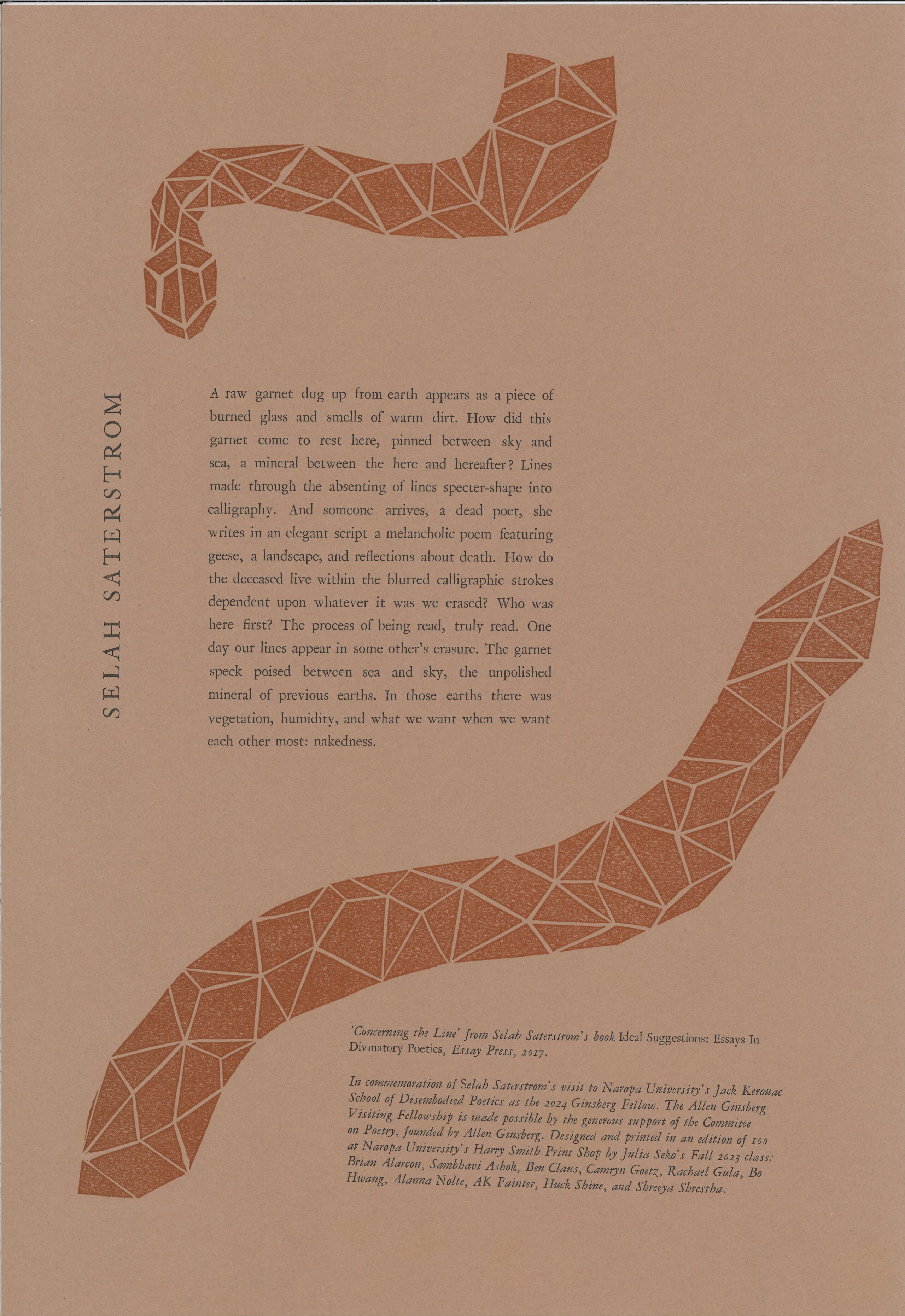 broadside of writing by Selah Saterstrom w/ serpent design