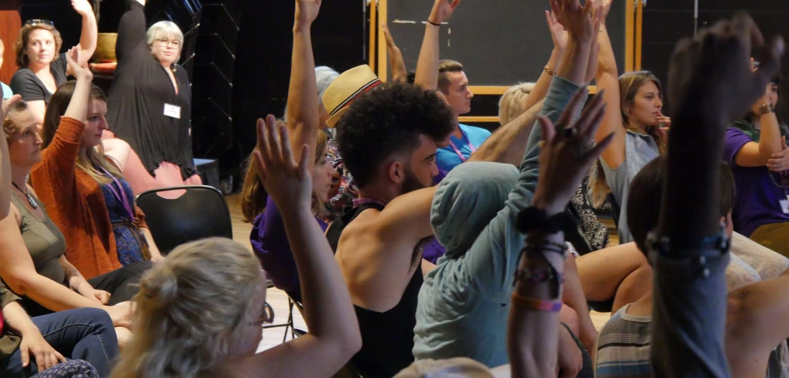 a group of people in the performing arts center standing and raising their hands.